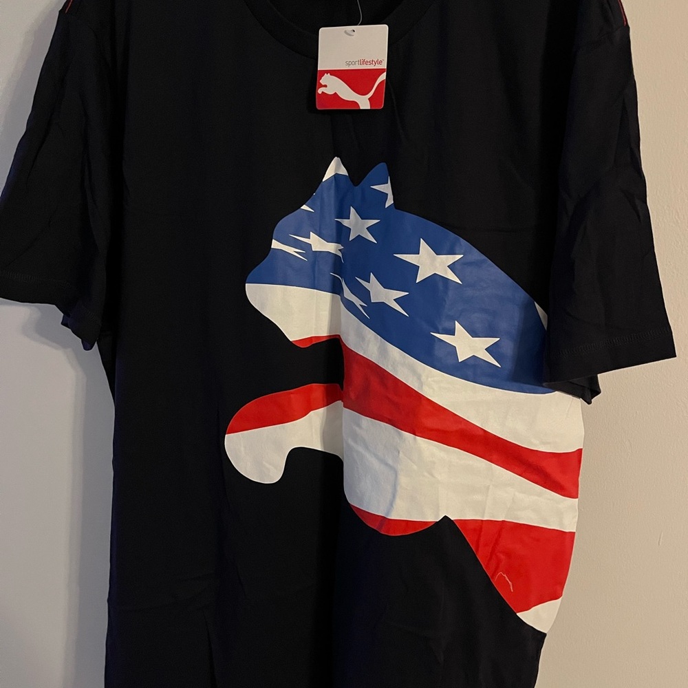 New with Tags. Mens Black Puma T shirt XXL. Red White & Blue USA Flag.
